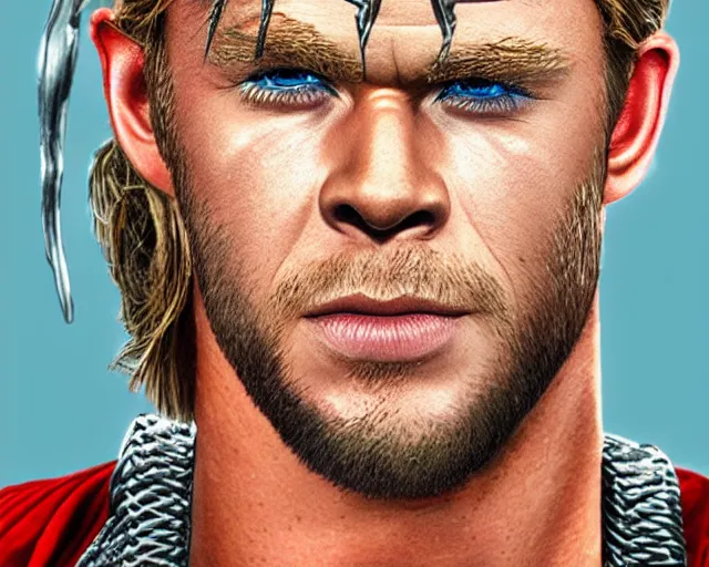 Image similar to chris hemsworth as thor with exaggerated drag queen makeup, digital art, amazing detail, photorealistic