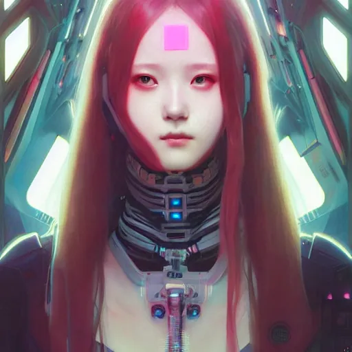 Image similar to painting of cyberpunk chuu loona kpop smiling cheerfully, ultra realistic, concept art, intricate details, eerie, highly detailed, photorealistic, octane render, 8 k, unreal engine. art by artgerm and greg rutkowski and magali villeneuve and alphonse mucha