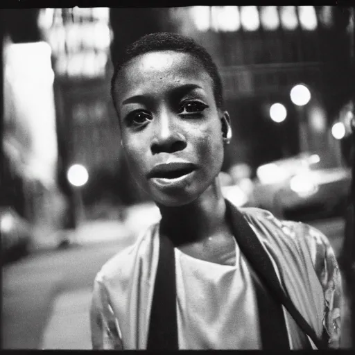 Prompt: analog medium format bokeh night flash portrait in harlem, 1 9 6 0 s, high - key photography, photographed on expired film, detailed photograph