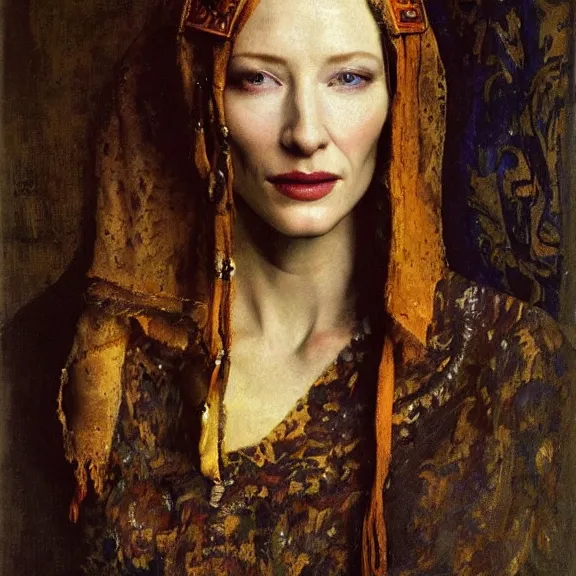 Image similar to cate blanchett by Annie Swynnerton and Nicholas Roerich and Vermeer, strong dramatic cinematic lighting , ornate headdress , lost civilizations, smooth, sharp focus, extremely detailed