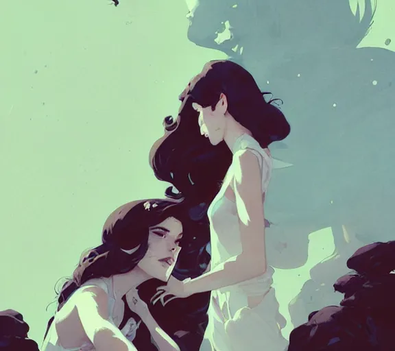 Image similar to portrait elza and anna by atey ghailan, by greg rutkowski, by greg tocchini, by james gilleard, by joe fenton, by kaethe butcher, dynamic lighting, gradient light blue, brown, blonde cream and white color scheme, grunge aesthetic