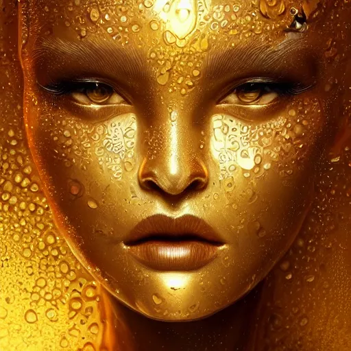 Prompt: an intricate, detailed face of an android, golden skin with water drops on it, dramatic lighting, trending on artstation, art nouveau