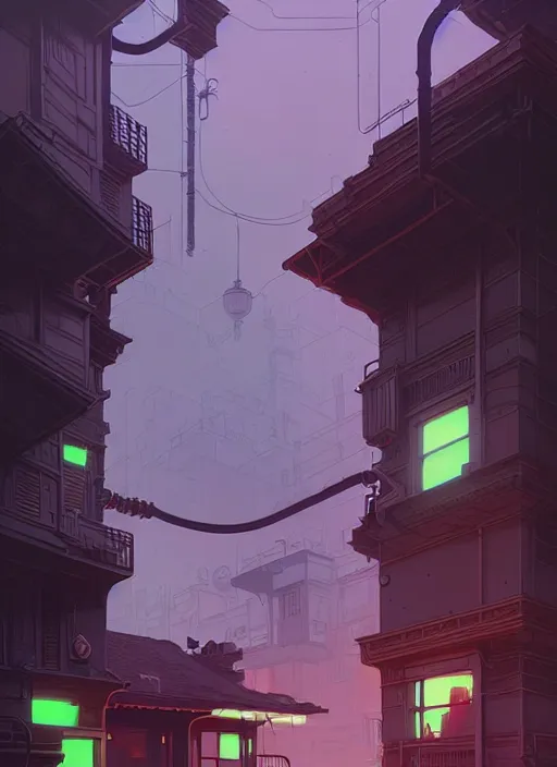 Image similar to highly detailed building villa style hoses by atey ghailan, james gilleard, by joe fenton, by greg rutkowski, by greg tocchini, by kaethe butcher, 4 k resolution, gradient purple, brown black and white color scheme!!! ( ( green flaming robotic sewer background ) )