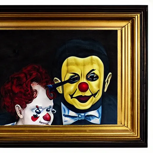 Prompt: a sad crying clown in an iron lung, painted on velvet, hung in a gilded frame above a mantel, fireplace roaring hot, with a library on fire around it