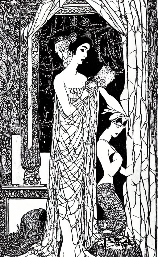 Prompt: salome, beautiful background and border, by aubrey beardsley, highly detailded