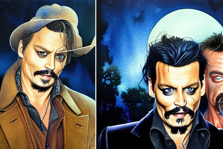 Image similar to a hyperrealist watercolour character concept art portrait of johnny depp and tom sellick on a misty well lit night in las vegas. a ufo is in the background. by rebecca guay, michael kaluta, charles vess and jean moebius giraud