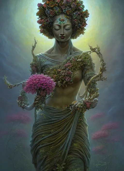 Image similar to statue of a long forgotten deity with flowers sprouting out of it, serene, in the style of tomasz alen kopera and fenghua zhong and peter mohrbacher, mystical colors, rim light, beautiful lighting, 8 k, stunning scene, raytracing, octane, trending on artstation