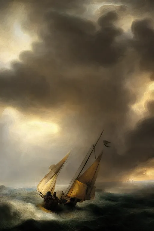 Prompt: the storm on the sea of galilee, oil - on - canvas painting, close - up, elegant, volumetric lighting, scenery, digital painting, highly detailed, artstation, sharp focus, illustration, concept art, by rembrandt van rijn, 2