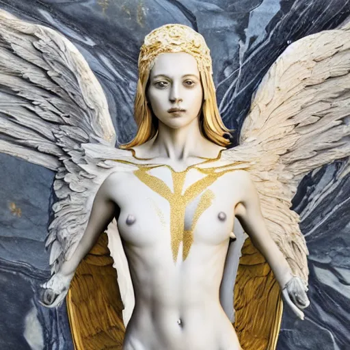 Image similar to a statue made of marble with gold veins, of an beautiful angel girl, perfect symmetrical body, perfect symmetrical face, hyper realistic, hyper detailed, fujicolor superia 1 6 0 0 photo, full body shot, by peter kemp