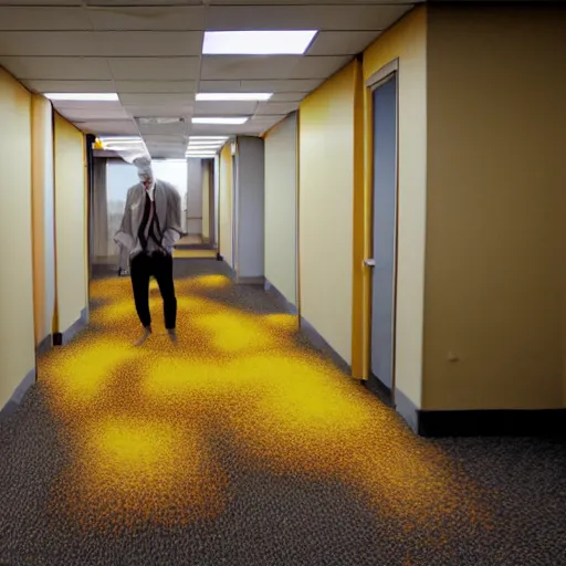 Image similar to low quality photo of real life version of son goku in the backrooms, mono - yellow old moist carpet randomly connected infinite empty office space yellow colors warm light scary