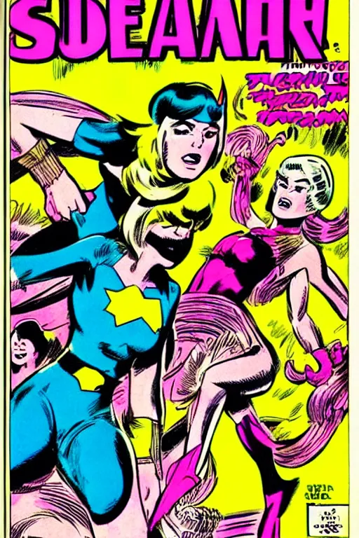 Prompt: !dream super hero girl drawn by Jack Kirby, vintage 70s comic cover