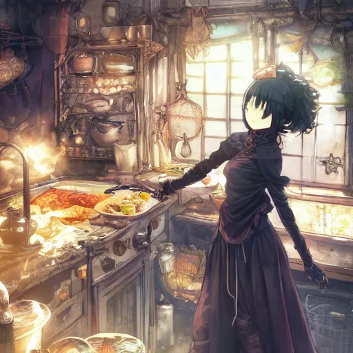 Image similar to goth woman making dinner, color page, tankoban, 4 k, tone mapping, akihiko yoshida, james jean andrei riabovitchev marc simonetti, yoshitaka amano, long hair, curly, h. hydrochaeri