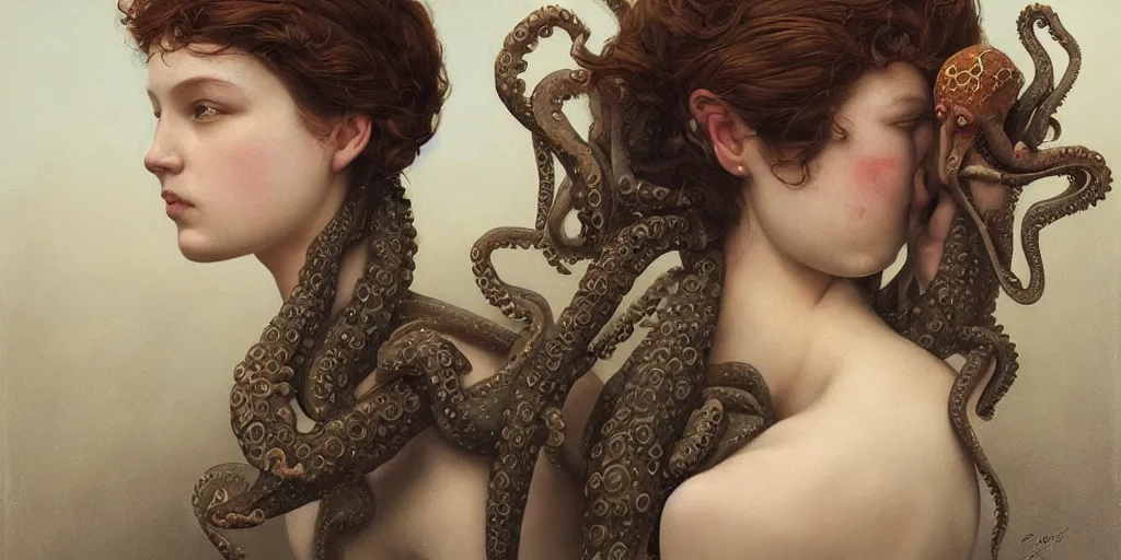 Prompt: An incredible detailed portrait of a young woman and an octopus, in the style of pre-Raphaelite, by Goro Fujita, Tom Bagshaw, trending on Artstation, 8k, masterpiece, fine detail, full of color, intricate detail