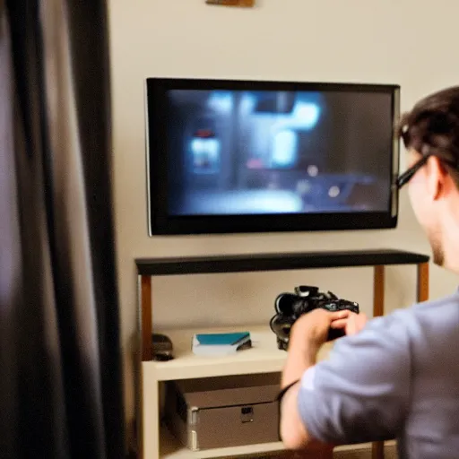 Prompt: a person playing video games in their apartment in the year 2 0 5 0