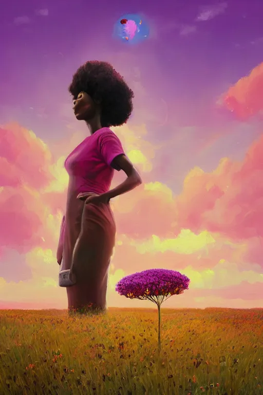 Prompt: closeup, huge flower as a head, an african woman in heather field, surreal photography, golden hour, colorful clouds, impressionist painting, digital painting, artstation, simon stalenhag