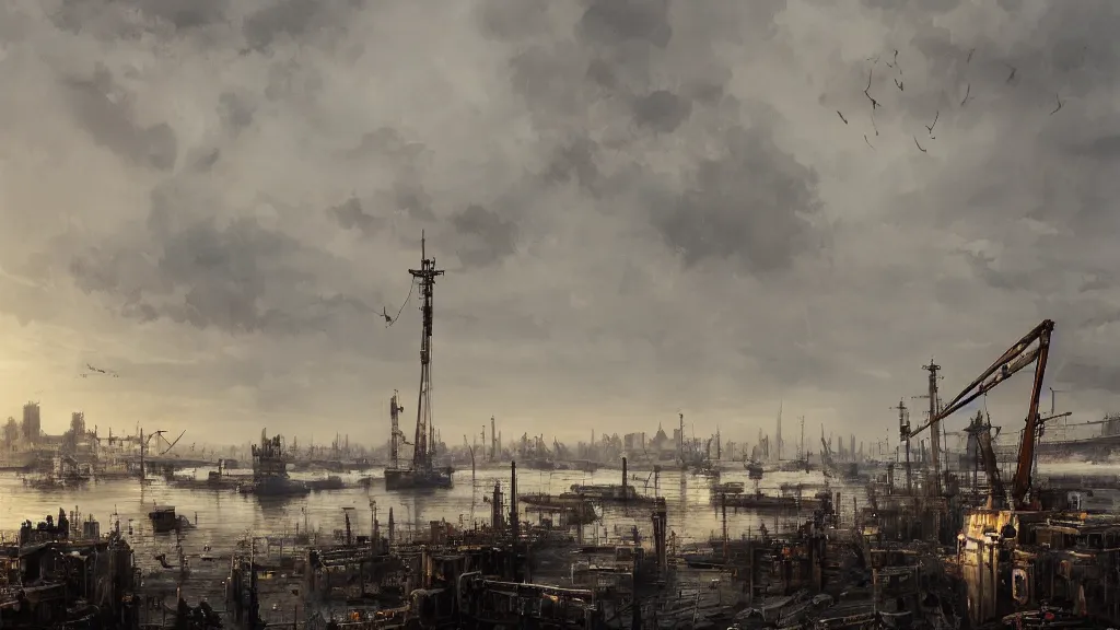 Prompt: Magnificent view of huge harbor with cranes, papyrus, watercolored, jakub rozalski, dark colours, dieselpunk, artstation