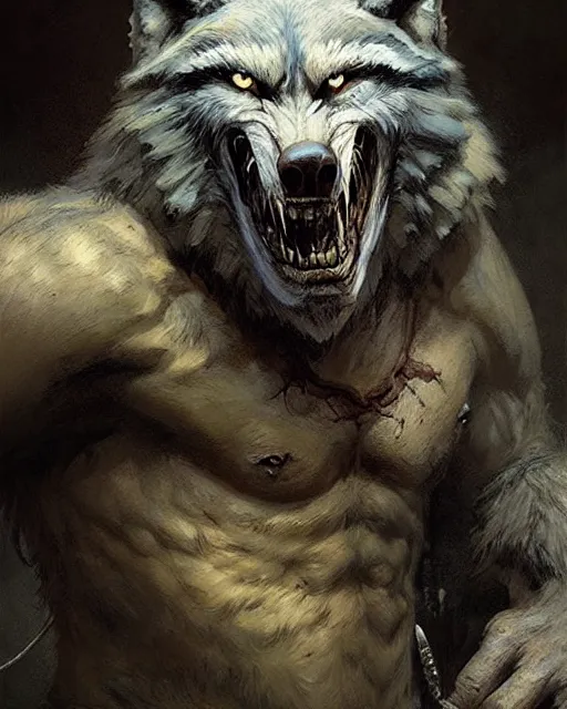 Image similar to portrait of lon chaney jr's wolf man, fantasy character portrait, ultra realistic, concept art, intricate details, highly detailed by greg rutkowski, gaston bussiere, craig mullins, simon bisley