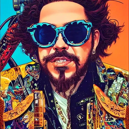 Prompt: portrait closeup of mad post malone wearing sunglasses and cowboy and guitars around, symmetrical, by yoichi hatakenaka, masamune shirow, josan gonzales and dan mumford, ayami kojima, takato yamamoto, barclay shaw, karol bak, yukito kishiro