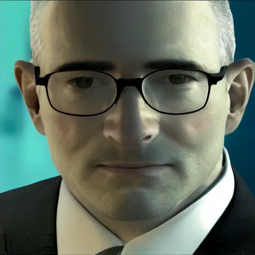 Prompt: corporate man in a gray suit with white shirt and glasses, with facial features how wallace breen, with gray hair and a beard, av - 4 in cyberpunk on background, detailed portrait, sharp focus