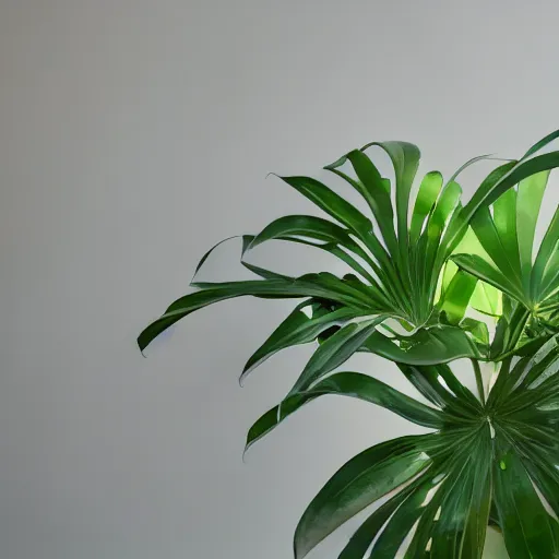 Image similar to an ultra high definition professional studio quality photograph of a transparent iridescent perspex pastel coloured ( ( ( ( jungle leaves on a plant ) ) ) ) in an empty white room. dramatic lighting, ray tracing, refraction, shallow d. o. f, colour corrected, golden ratio, three point light. volumetric shadows. god rays.