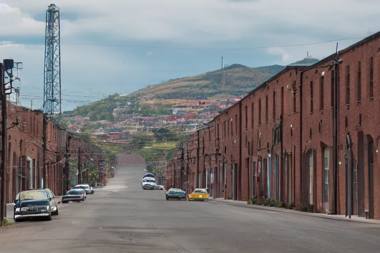 Image similar to looking down street, warehouses lining the street. hill background with radio tower on top. telephoto lens compression.