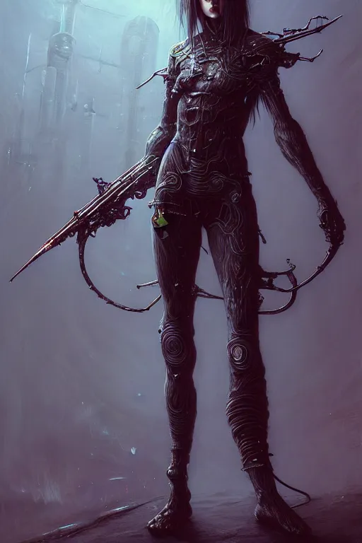 Image similar to a highly detailed long shot photo of cyberpunk female character by ayami kojima, elf, beksinski, giger, elf, wielding scythe, intricate, digital painting, artstation, concept art, smooth, sharp focus, full body