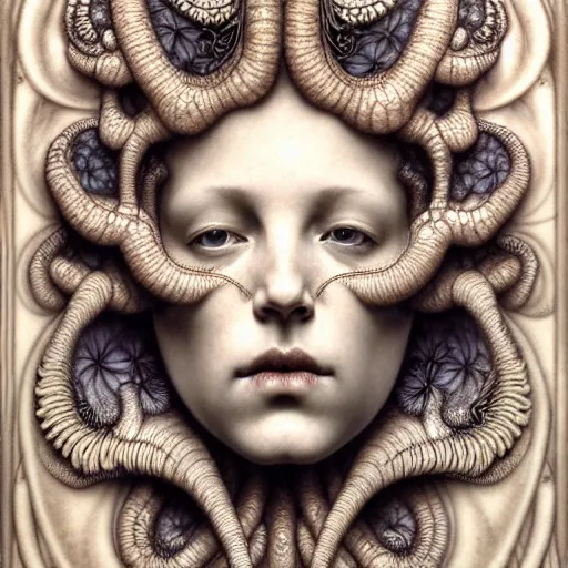 Image similar to detailed realistic beautiful porcelain calaveras face goddess portrait by jean delville, gustave dore, iris van herpen and marco mazzoni, art forms of nature by ernst haeckel, art nouveau, symbolist, visionary, gothic, neo - gothic, pre - raphaelite, fractal lace, intricate alien botanical biodiversity, surreality, hyperdetailed ultrasharp octane render