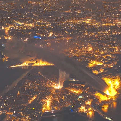 Image similar to bombing raid from aerial view world war 2 fire, london, volumetric lighting, nighttime