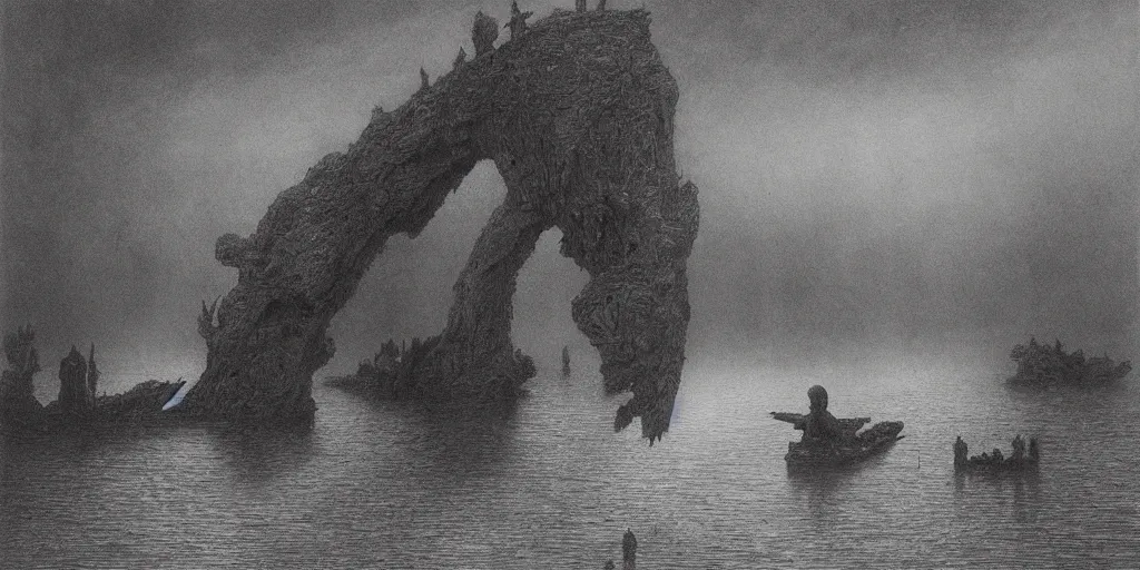 Image similar to ferrying deceased souls across the river and into the underworld by beksinski, wayne barlowe