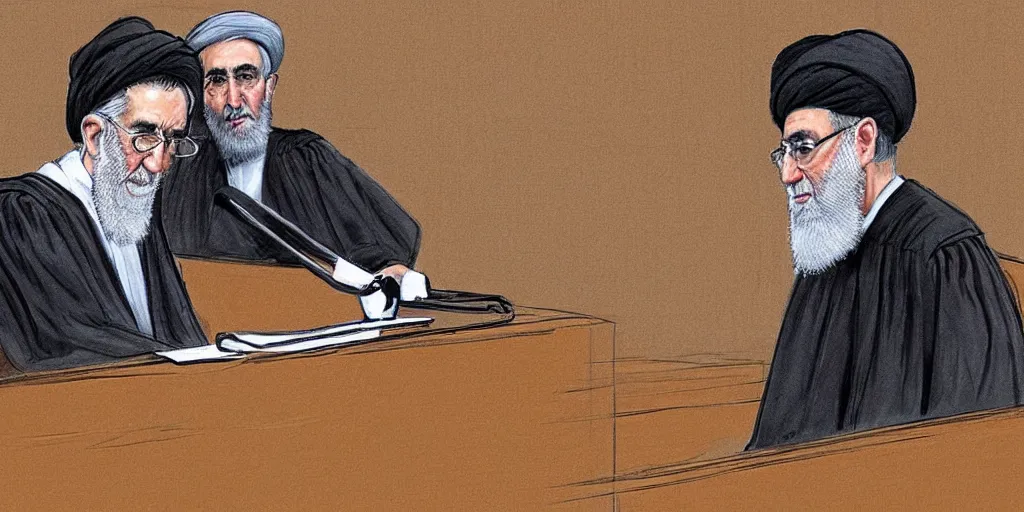 Prompt: khamenei in court, courtroom drawing