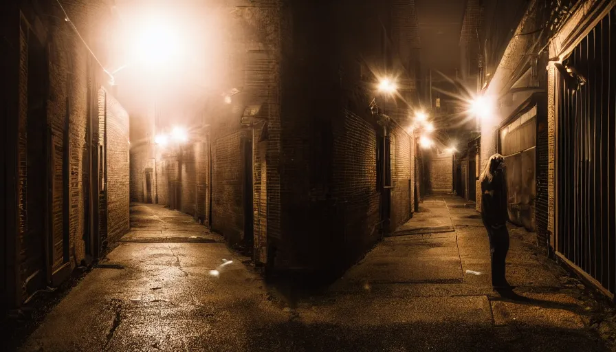 Image similar to photorealistic 1 6 mm, f / 1. 4, iso 2 0 0, shutter speed 2, on tripod. focused on a person standing in a long dark alleyway. in - between two tall buildings. light spilling from small windows lighting up their sides