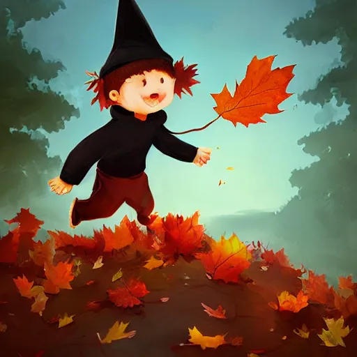 Prompt: a boy wearing a witches hat jumping into a pile of leaves on a beautiful autumn day, cute storybook illustration, trending on artstation, cgsociety, beautiful painting