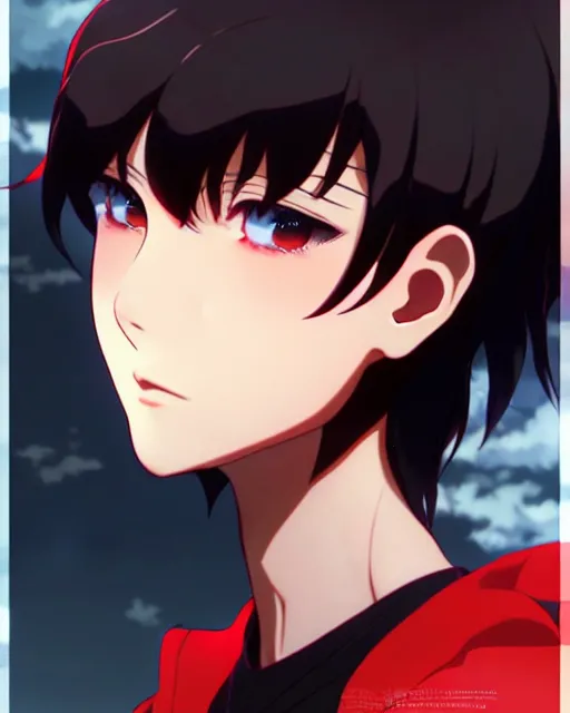 Image similar to makoto shinkai, artgerm, ilya kuvshinov, beautiful anime women with black red and red lace trim, black and red hair, wind powers symmetrical face, symmetrical eyes, detailed, field setting, cinematic lighting