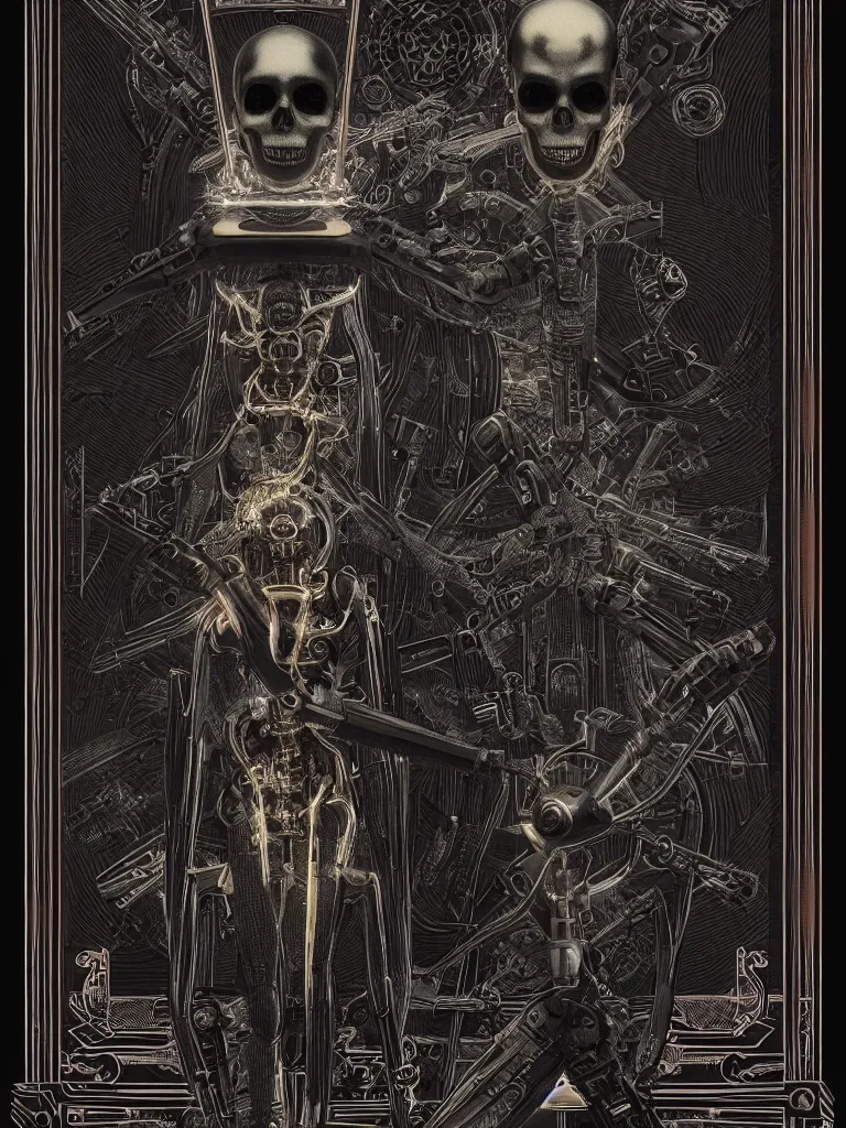 Prompt: the death tarot card as an I Robot, black paper with ornate border frame, magical, symmetrical, by mario feng, ray tracing, master shot, octane render, 8k, ultra hd, perfect light