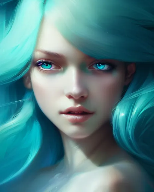 Image similar to portrait of a beautiful girl, flowy turquoise hair, cinematic lighting, highly detailed, digital painting, trending on artstation, pixiv, concept art, sharp focus, illustration, art by ross tran and wlop