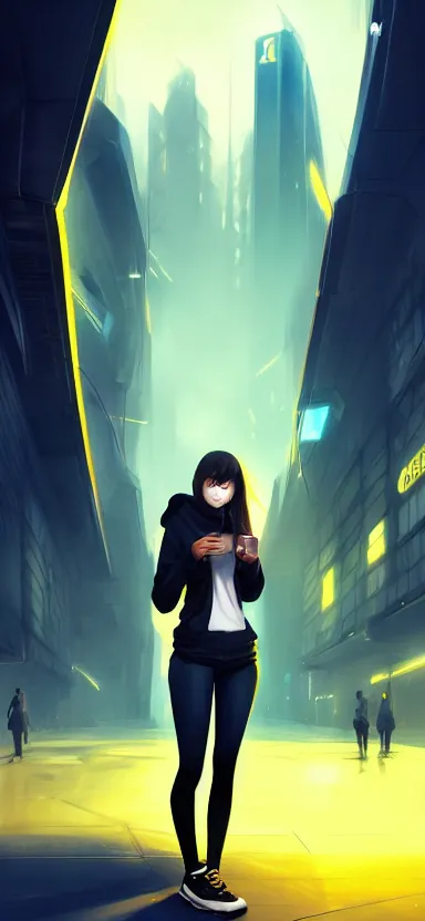 Image similar to a vtuber model concept art of a beautiful girl in a black and yellow hoodie holding an iphone, blue eyes, long hair, full body art, futuristic city background, artstation, digital art, commission art, style by jordan grimmer and greg rutkowski, 4 k resolution