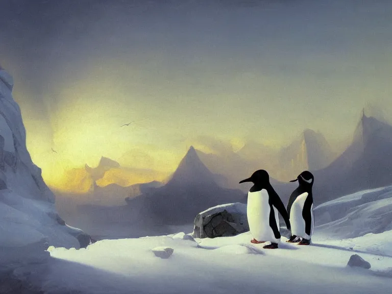 Image similar to an oil painting of a penguin playing in pure white snow on a misty glacier at dusk. aurora. by tuomas korpi moebius and carl spitzweg. baroque elements. intricate artwork by caravaggio. oil painting. oil on canvas. award winning. dramatic. trending on artstation. 8 k