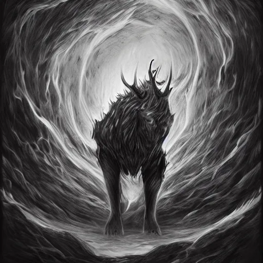 Image similar to full body grayscale drawing by Anato Finnstark of muscled horned humanoid beast, swirling flames