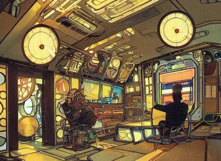 Image similar to a man sitting on a chair with things attached to his head, screens and monitors in front of him playing videos, ship interior, narrow hallway, scifi colors, dramatic lighting, dark, spotlight, surreal, by rutkowski, fuji choko, alphonse mucha