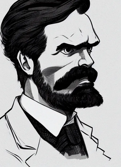 Image similar to Gigachad Friedrich Nietzsche with a chiseled Jawline and serious Look, in his suit, in the Style of Artgerm and Ross Draws and Mike Mignola, beautiful colors, hard shadows, rim light, plain background, trending on artstation