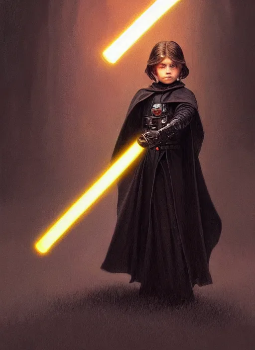 Image similar to perfectly - centered - portrait of a kid wearing black cloak holding light saber, intricate, highly detailed, digital painting, artstation, concept art, smooth, sharp focus, illustration, unreal engine 5, 8 k, art by artgerm and greg rutkowski and alphonse mucha