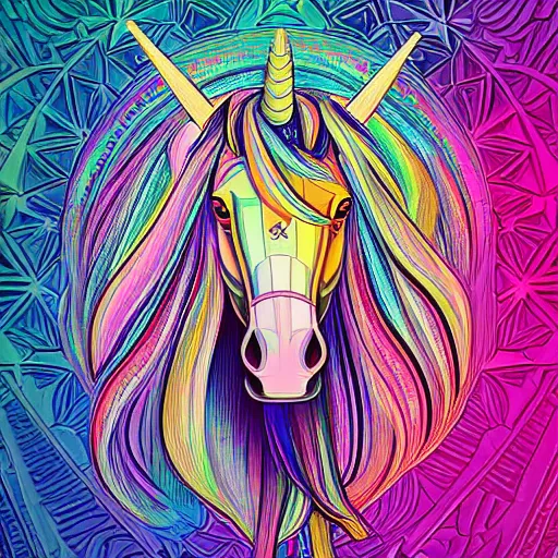 Image similar to a technicolor portrait illustration of a unicorn in geometric kaleidoscopic colors trending on artstation 4 k intricate extremely detailed digital art