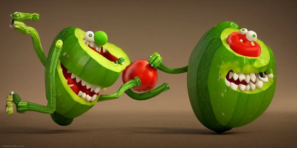 Prompt: detailed 3 d render of a mad zucchini character with arms and legs and a long sword chasing after a tomato character, hyper realistic octane render, cinematic lighting, pixar surrealism