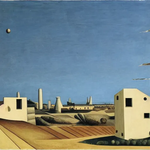 Image similar to dreaming futuristic rural landscape with modern houses, painted by Giorgio de Chirico, highly detailed