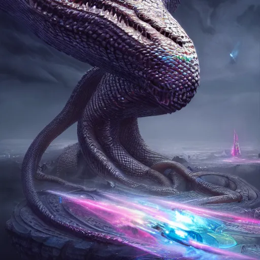 Prompt: jormungandr eating the world, iridescent, beautiful, technological, galactic, hyper-detailed, mega-detailed, realistic, cinematic, octane render, concept art, dark, cosmic, ominous, dramatic, lovecraftian, symmetric, swords, colorful and dark