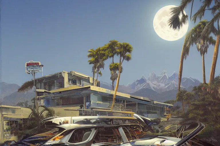 Image similar to broken robot | abandoned motel | palm trees | snowy mountains | moon in sky, painting by syd mead and weta studio and moebius and james jean and frank frazetta, highly detailed, rule of third, soft lighting, architectural magazine, beautiful detailed, insanely intricate details, artstation trending, hypermaximalistic, high details, cinematic