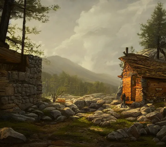 Prompt: landscape portrait of tyler childers working on a building out of hand hewn brimstone, all alone by william sidney mount, trending on artstation