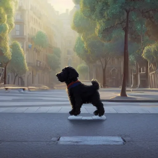 Image similar to a wholesome animation key shot of a black bernedoodle puppy riding a bike in paris, studio ghibli, pixar and disney painting, sharp, rendered in unreal engine 5, key art by greg rutkowski, bloom, dramatic lighting