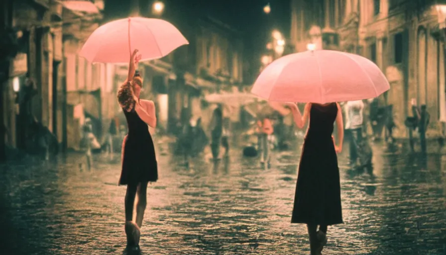 Prompt: street of roma photography, night, rain, mist, a prima ballerina dancing, a pink umbrella, cinestill 8 0 0 t, in the style of william eggleston