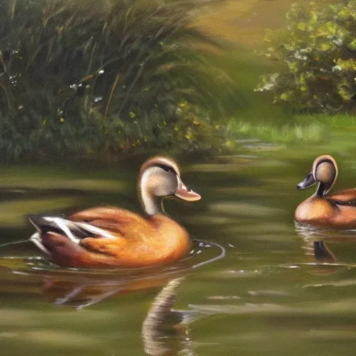 Prompt: a beautiful oil painting of two ducks in a pond